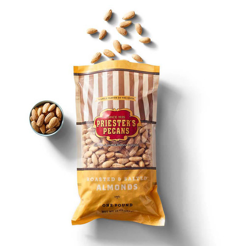 Premium Roasted & Salted Blanched Almonds in a 1 lb. bag with a crisp, crunchy texture and buttery flavor
